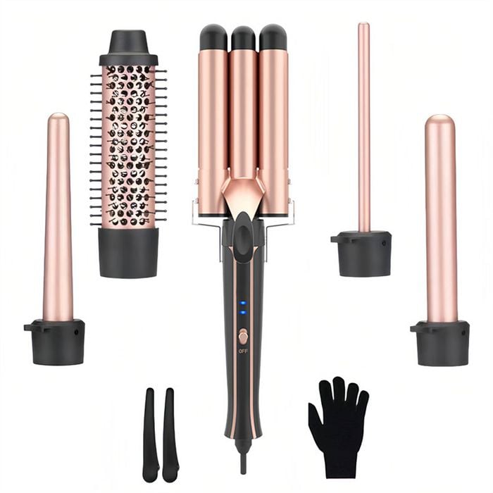 Catzon 5in1 Waver Curling Iron Wand Set for All Hair Types-RoseGold