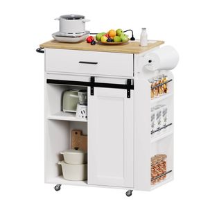 Advwin Farmhouse Kitchen Island Cart on Wheels with Power Outlet White