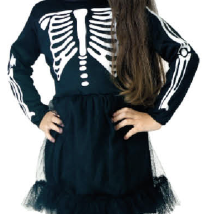 Children Skeleton Girl Costume Halloween Bones Dress Black/White  6-9 Years Old
