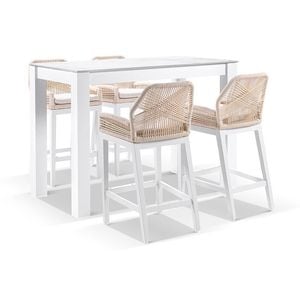 Hugo Ceramic 1.5m Aluminium Bar Table White With 4 Rope Stools & Cream Rope/cream Cushions