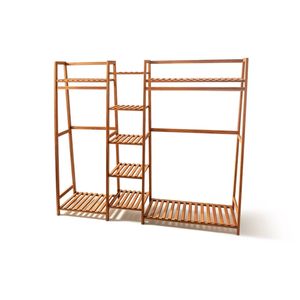 FORET Tea Brown Bamboo Double Clothes Rack With Shelves
