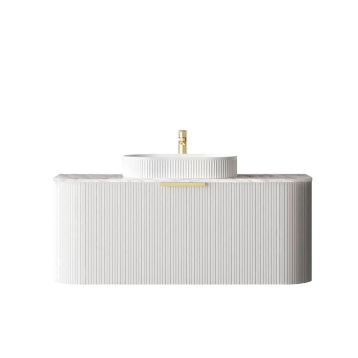 Attica Bentwood 1200mm Satin White Fluted Wall Hung Curve Vanity With Natural Carrara Marble Top