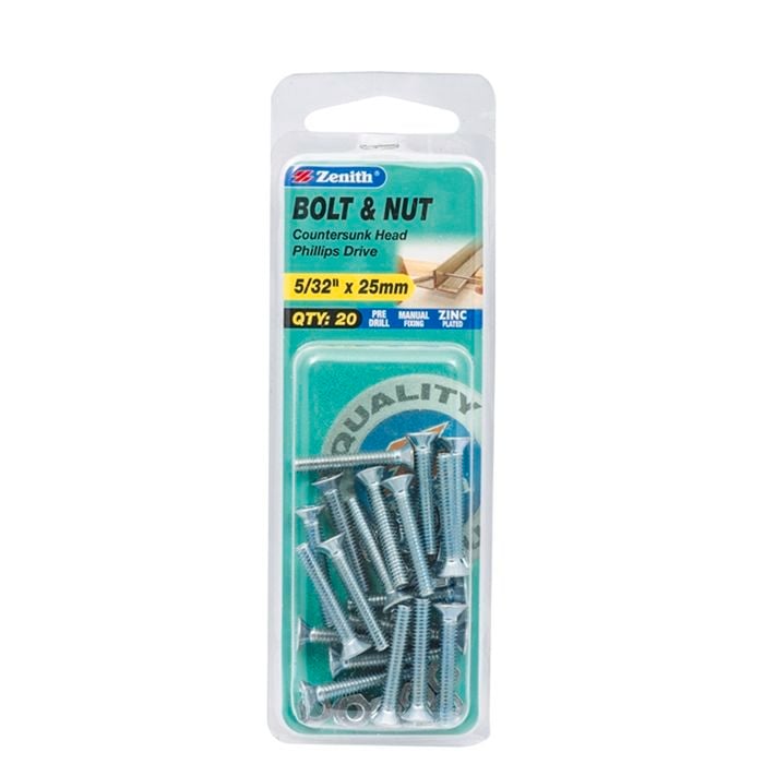 Zenith 5/32" x 25mm Zinc Plated Countersunk Head Bolt And Nut - 20 Pack
