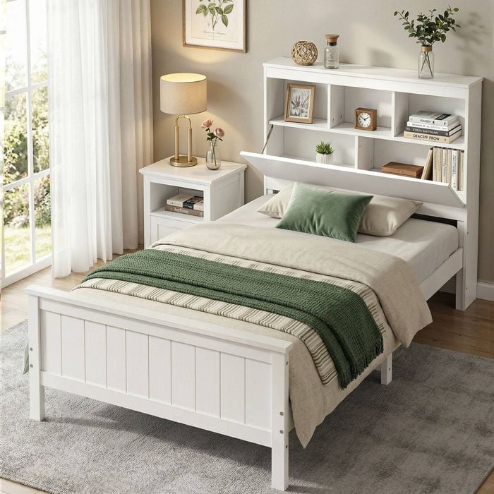 Homfurn Single Bed Frame With Storage Headboard – White Pine Wood, For Kids & Adults