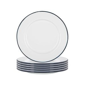 Argon Tableware 25.5cm Enamel Dinner Plates - Navy Rim - Set Of 6 - 10inch Large Dish Plates Metal Enamel Tableware Dinner Set