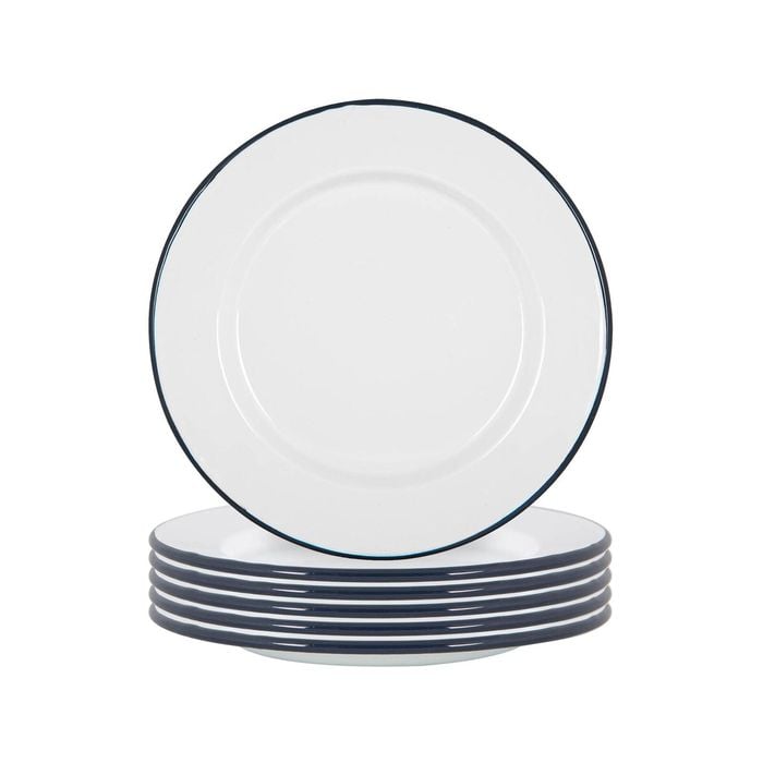 Argon Tableware 25.5cm Enamel Dinner Plates - Navy Rim - Set Of 6 - 10inch Large Dish Plates Metal Enamel Tableware Dinner Set