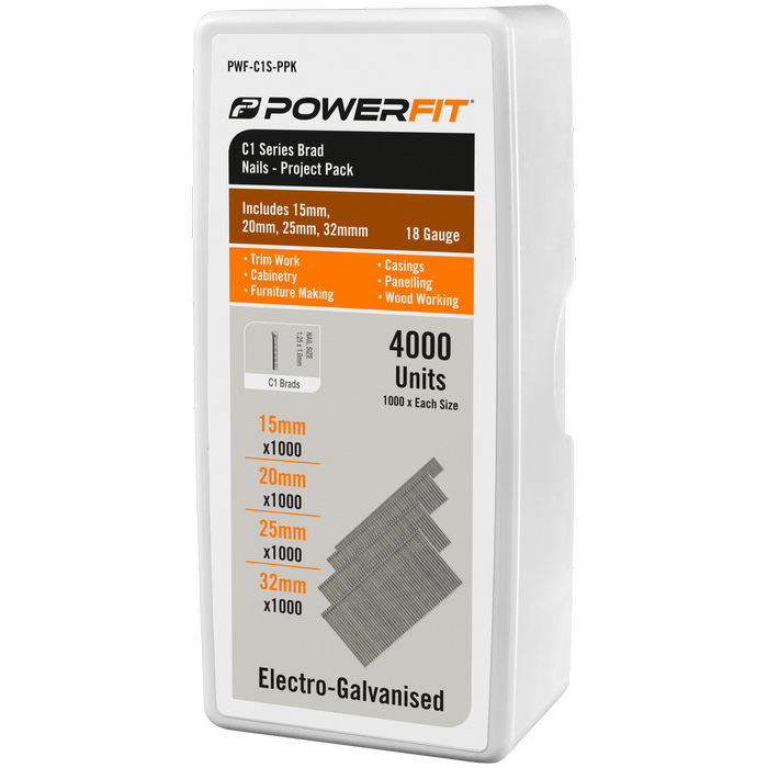 PowerFit C1 Series Electro-Galvanised Brad Nails Project Pack – 4000 Pack