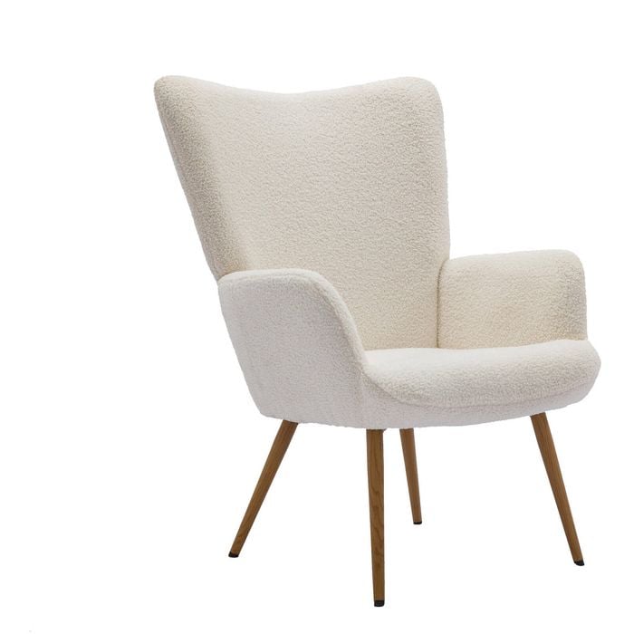 HOMFURN White Teddy Fabric Accent Chair with Wing Back