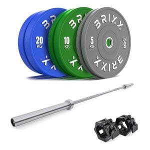 Brixx 70kg Pro Colour Olympic Bumper Plates + 20kg Barbell