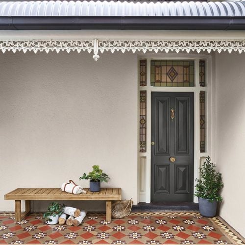 Exterior
  in Porter's Paints Eggshell Finish in colour Rubble. Front Door painted in
  Aquasatin in colour River Stone