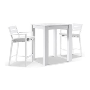 Santorini Outdoor Aluminium Square Bar Table White With 2 Stools & Textured Grey Cushions