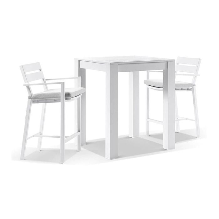 Santorini Outdoor Aluminium Square Bar Table White With 2 Stools & Textured Grey Cushions