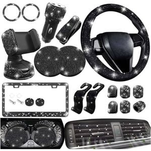 Catzon 27pcs Bling Car Accessories Set Universal Fit 15in Steering Wheel Covers-black