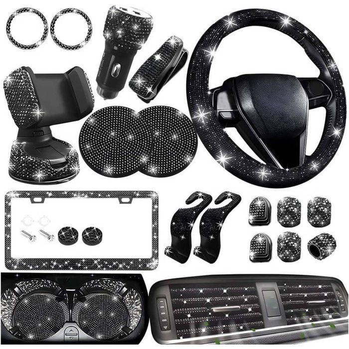 Catzon 27pcs Bling Car Accessories Set Universal Fit 15in Steering Wheel Covers-black