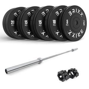 Brixx 130kg Pro Black Olympic Bumper Plates + 20kg Barbell