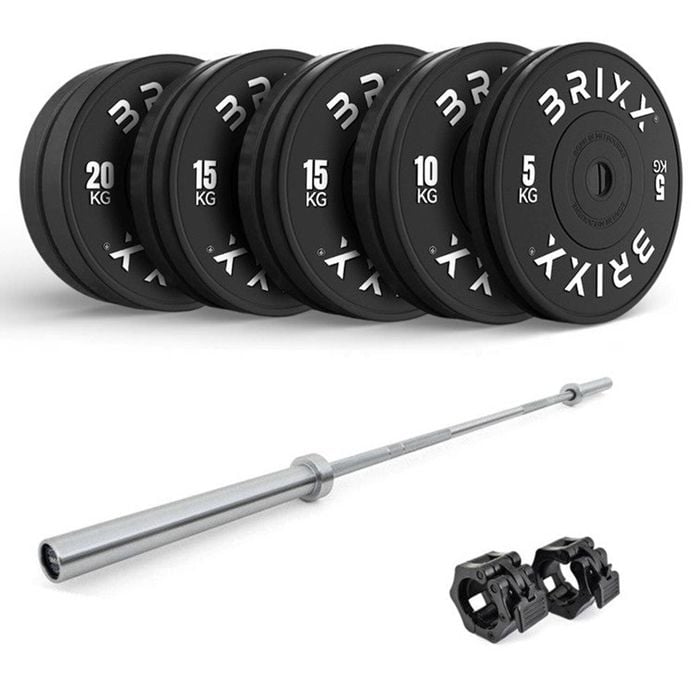 Brixx 130kg Pro Black Olympic Bumper Plates + 20kg Barbell