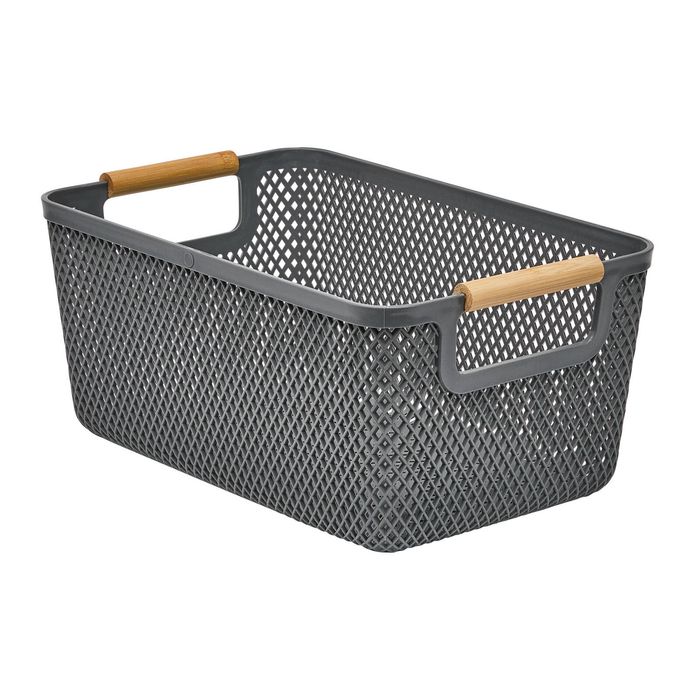 Stakt 6L Grey Mesh Storage Basket With Bamboo Handles