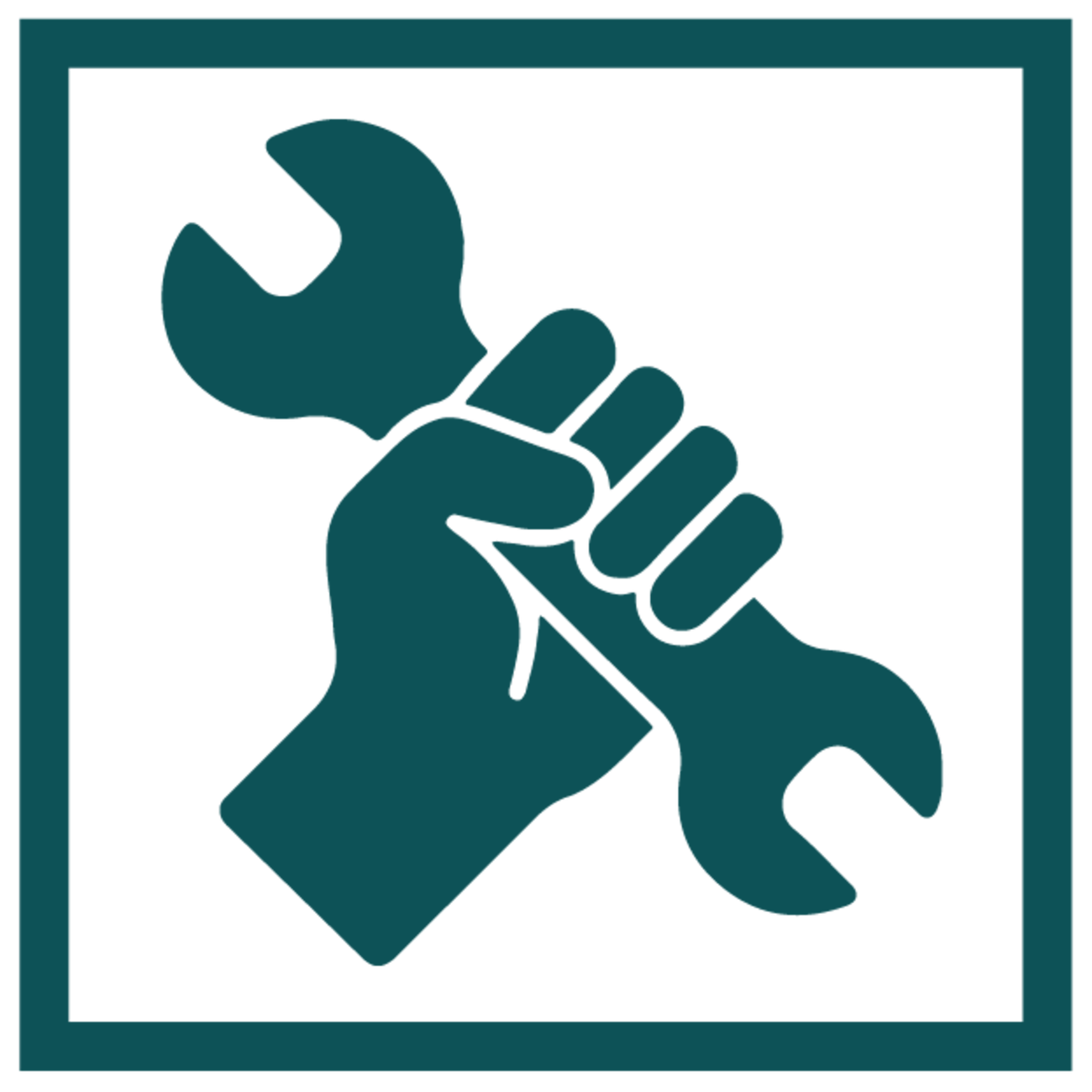 Hand holding a wrench icon inside a square border.