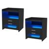 Advwin Bedside Table Set of 2 Wireless Charging Station LED Lights 2 Drawers Storage Black