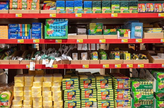 Lots of cleaning products on Red Dexion in a Bunnings store.
