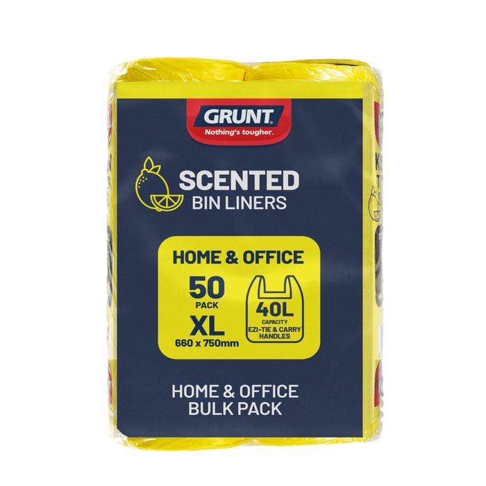 GRUNT 40L Yellow Kitchen Lemon Scented Tie Top Rubbish Bags - 50 Pack