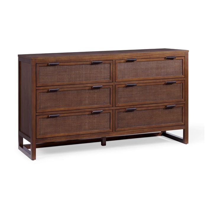 Teamson Home Hatteras Dresser with 6 Rattan Inset Panel Drawers, Walnut
