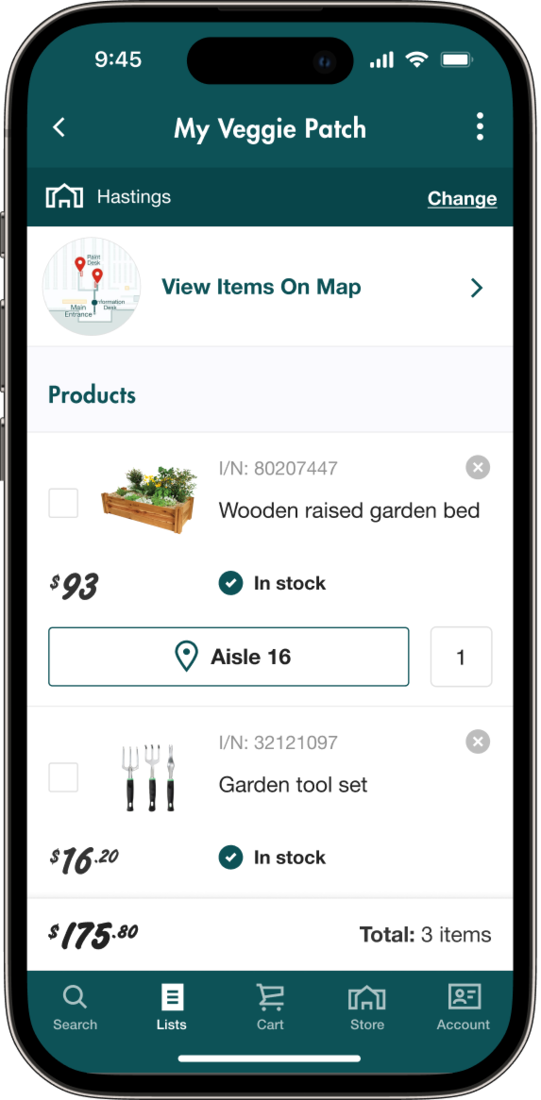Product list with aisle location on a mobile on the Bunnings App