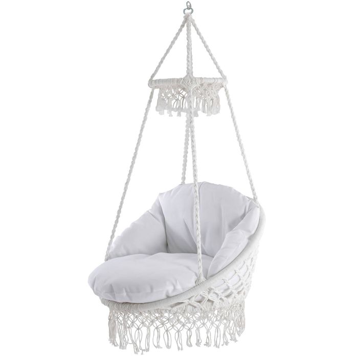 Vivere Deluxe Macrame Hanging Chair With Fringe - White