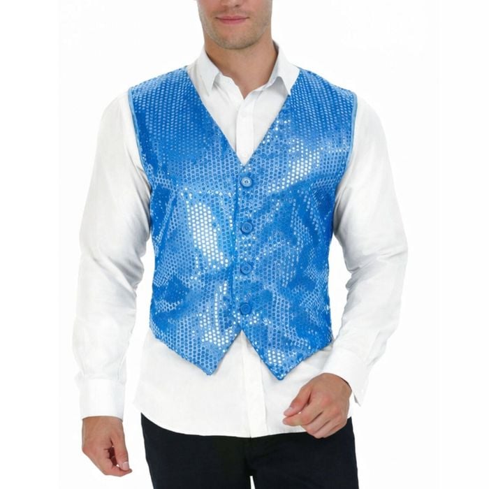 S Sequin Vest Waistcoat Disco Sparkle Costume Dance Party Light Blue