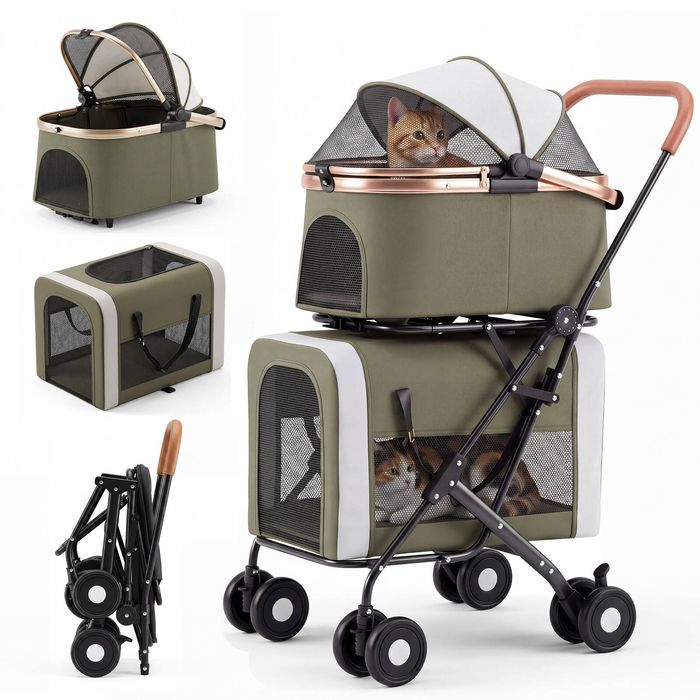 Advwin Foldable Dual-Layer Pet Stroller Multifunctional Pram with Detachable Carrier