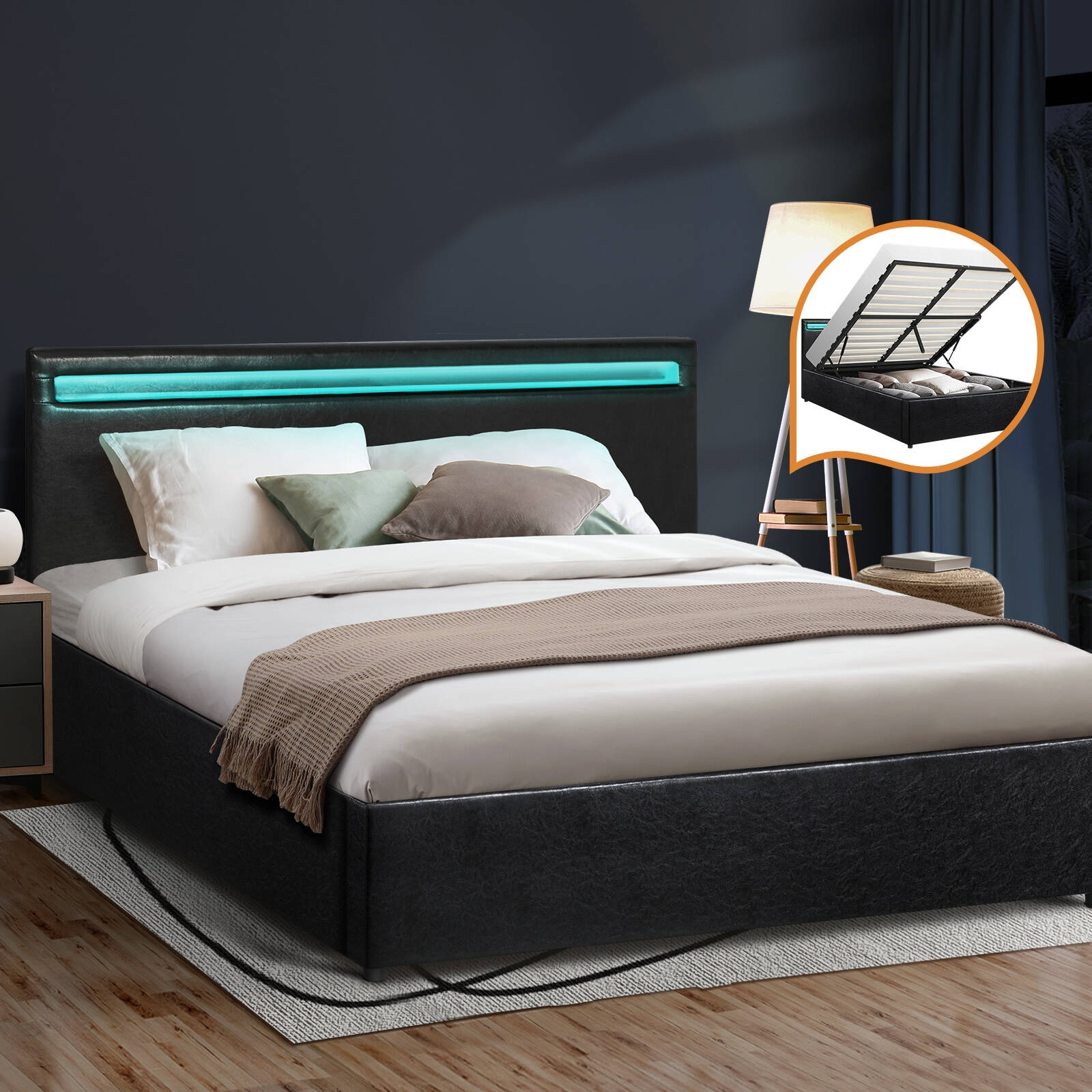 Oikiture Bed Frame Gas Lift RGB LED Black MARC- Queen