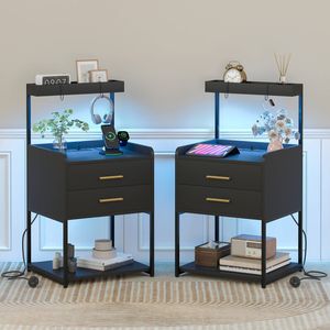 Ufurniture 2xside Table With Charging Station And Led Lights Bedside Table Black Nightstand 2 Drawers And Open Shelves