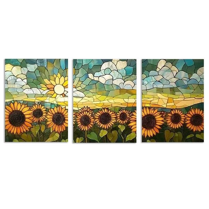 3pcs Vibrant Yellow & Orange Sunflowers in a Field  Print 100% Australian Made 3 x 40x60cm (Metal Print)