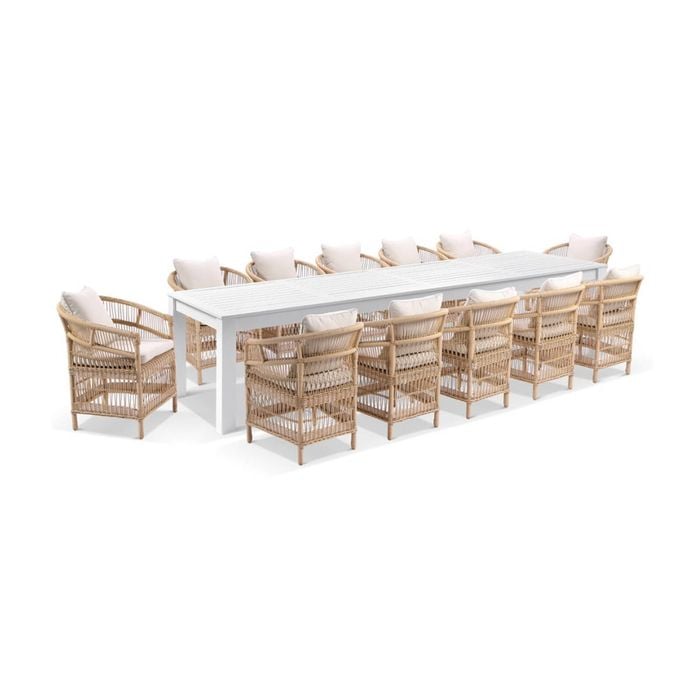 Santorini 3.55m Outdoor Aluminium Dining Table White With 12 Chairs & Wheat/cream Cushions