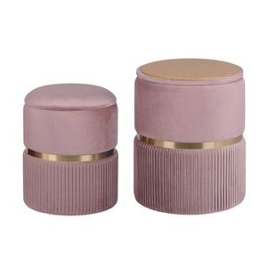 La Bella Pink 2 Set Side Table Storage Ottoman - Velvet Stool Vanity Footstool REMI