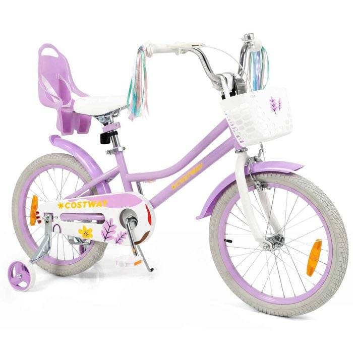 Costway 45cm Kids Bike Bicycle w/Doll Seat Beginner Purple