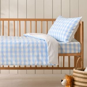 Dreamaker Baby Lola Washed Cotton Yarn Dyed Gingham Quilt Cover Set Sky Cot