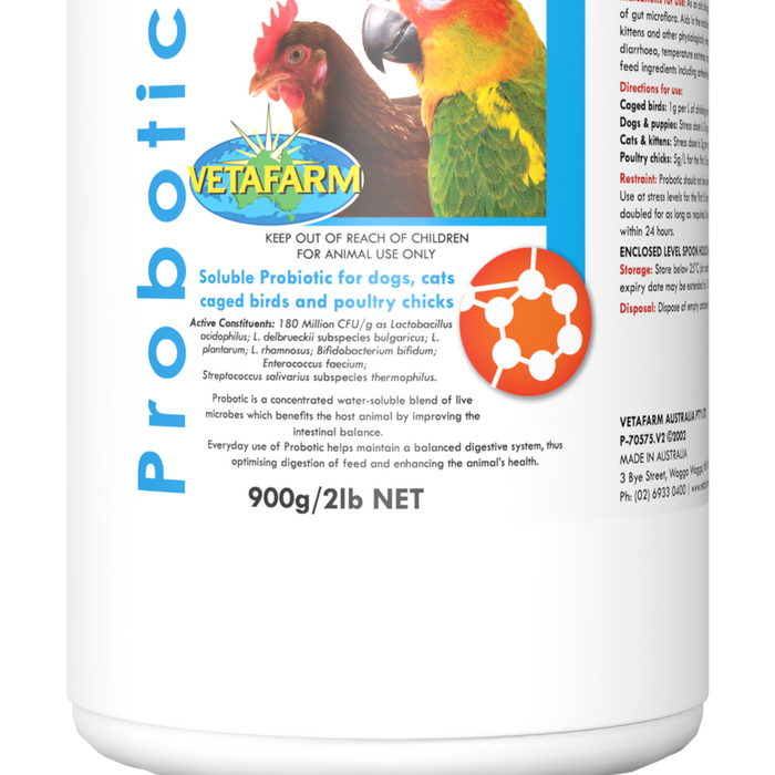 Vetafarm Soluble Probotic for Dogs Cats Caged Birds & Poultry Chicks 900g