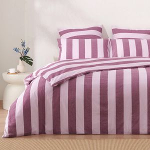 Dreamaker Bowie Washed Cotton Yarn Dyed Stripe Quilt Cover Set Mauve/Cherry Single Bed