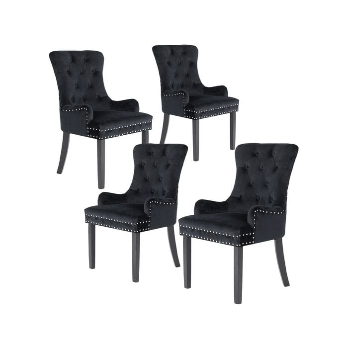 La Bella 4 Set Black French Provincial Dining Chair Ring Studded Lisse Velvet Rubberwood
