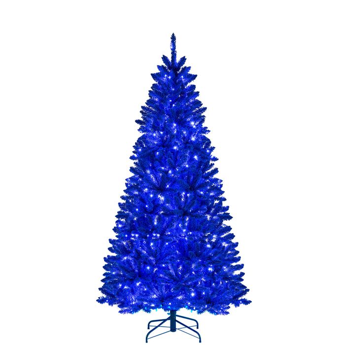 Costway 185cm Royal Blue Artificial Christmas Tree Snow Flocked Xmas Tree w/250 Blue LEDs-Blue