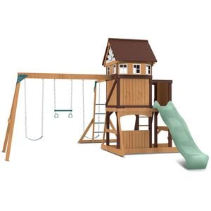 Lifespan Kids Meer Brook Swing Set, Monkey Bars & Play Centre with 2.2m Pastel Green Slide