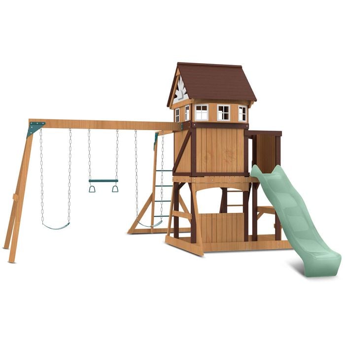 Lifespan Kids Meer Brook Swing Set, Monkey Bars & Play Centre with 2.2m Pastel Green Slide