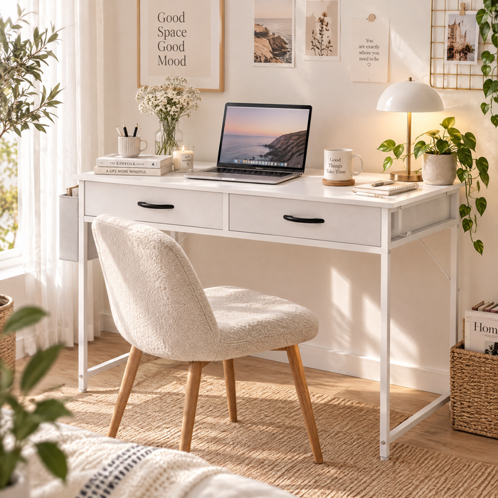 Ufurniture 100cm Home Office Computer Desk  Study Table with Drawers & Side Pockets Vanity Desk with Hooks White