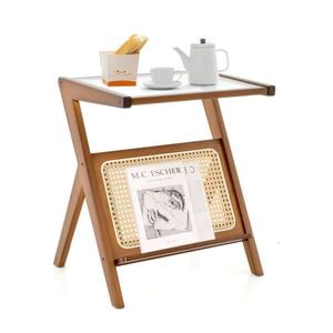 Costway Bamboo Side Table Z-shaped Bedside Table W/magazine Rack, Walnut