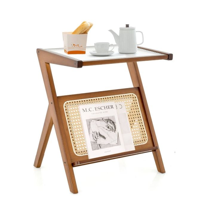 Costway Bamboo Side Table Z-shaped Bedside Table W/magazine Rack, Walnut