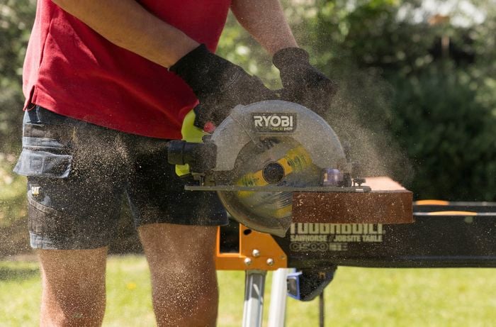  Cut sleepers using a Ryobi circular saw to fit the layout