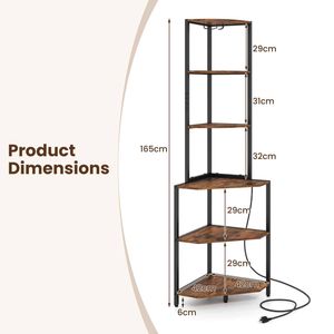 Costway 6-Tier Corner Shelf 165cm Bookshelf w/Charging Station