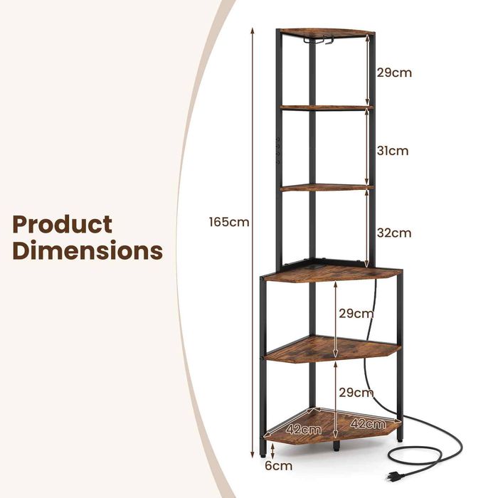 Costway 6-Tier Corner Shelf 165cm Bookshelf w/Charging Station