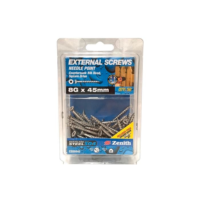 Zenith 8G x 45mm Stainless Steel 304 Square Drive External Screw - 50 Pack
